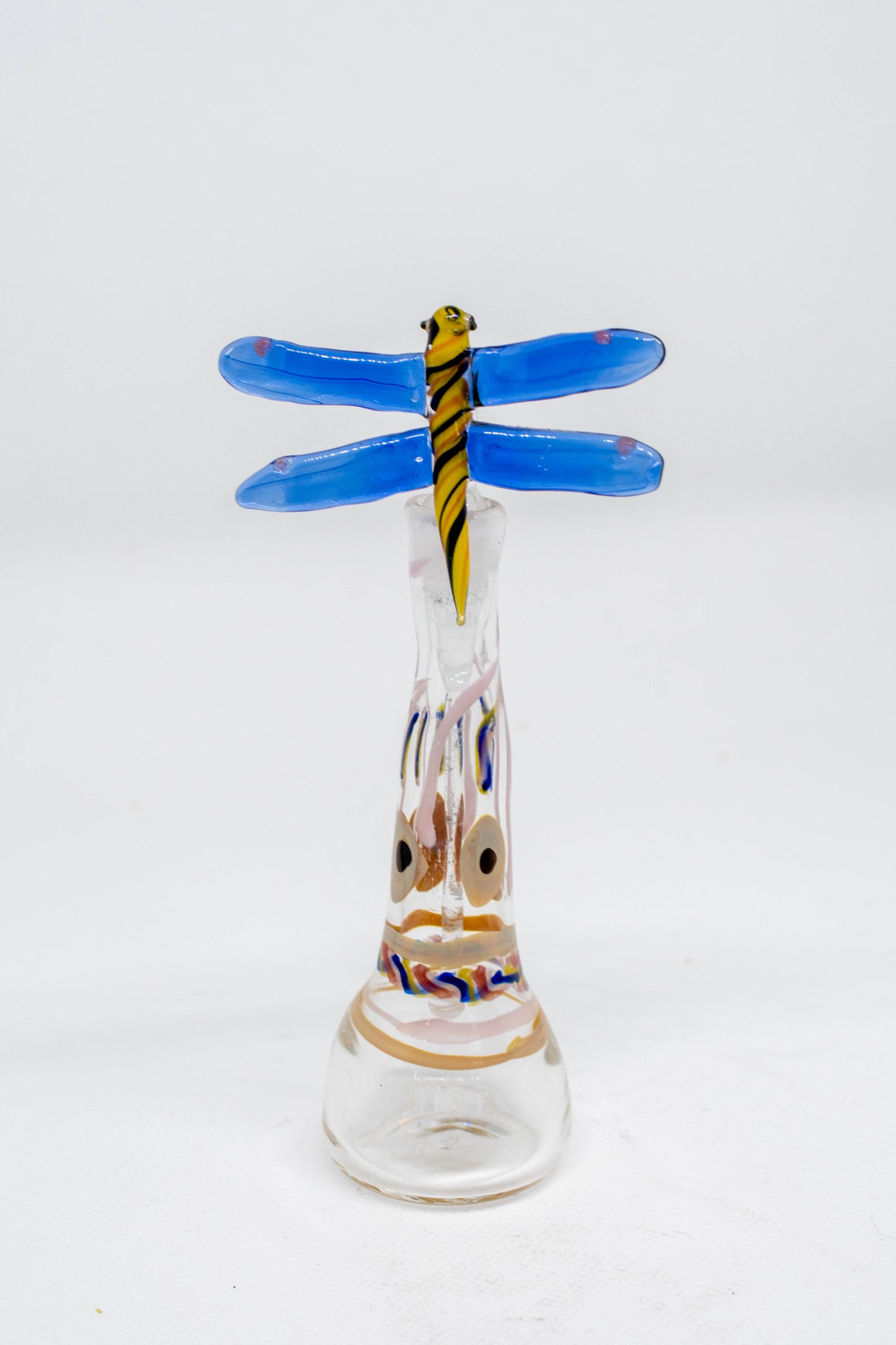 Hand Blown Glass Perfume Bottle: Blue Winged Dragonfly with Floral Base