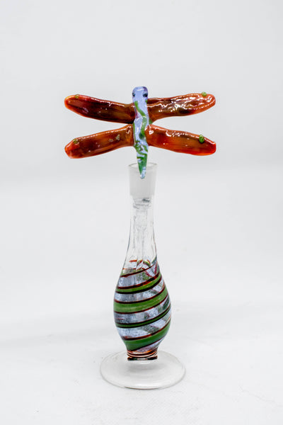 Hand Blown Glass Perfume Bottle: Red Wing Dragonfly with Swirl Base