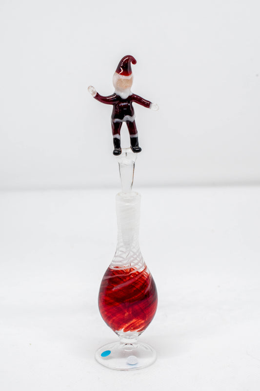 Hand Blown Glass Perfume Bottle: Santa with Red Base and White Swirl Base Neck