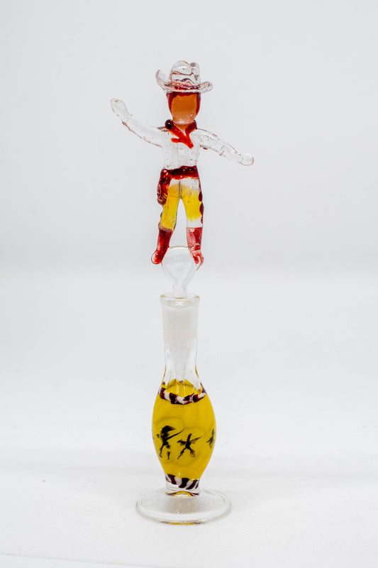 Hand Blown Glass Perfume Bottle: Cowboy with Yellow Base