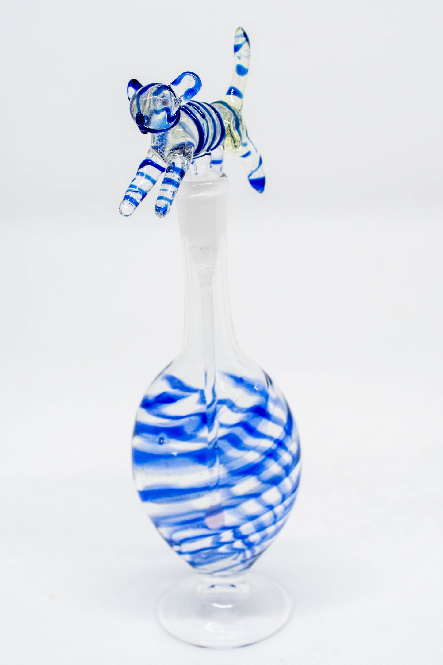 Hand Blown Glass Perfume Bottle: Blue-Striped Tiger with Blue Swirl Base