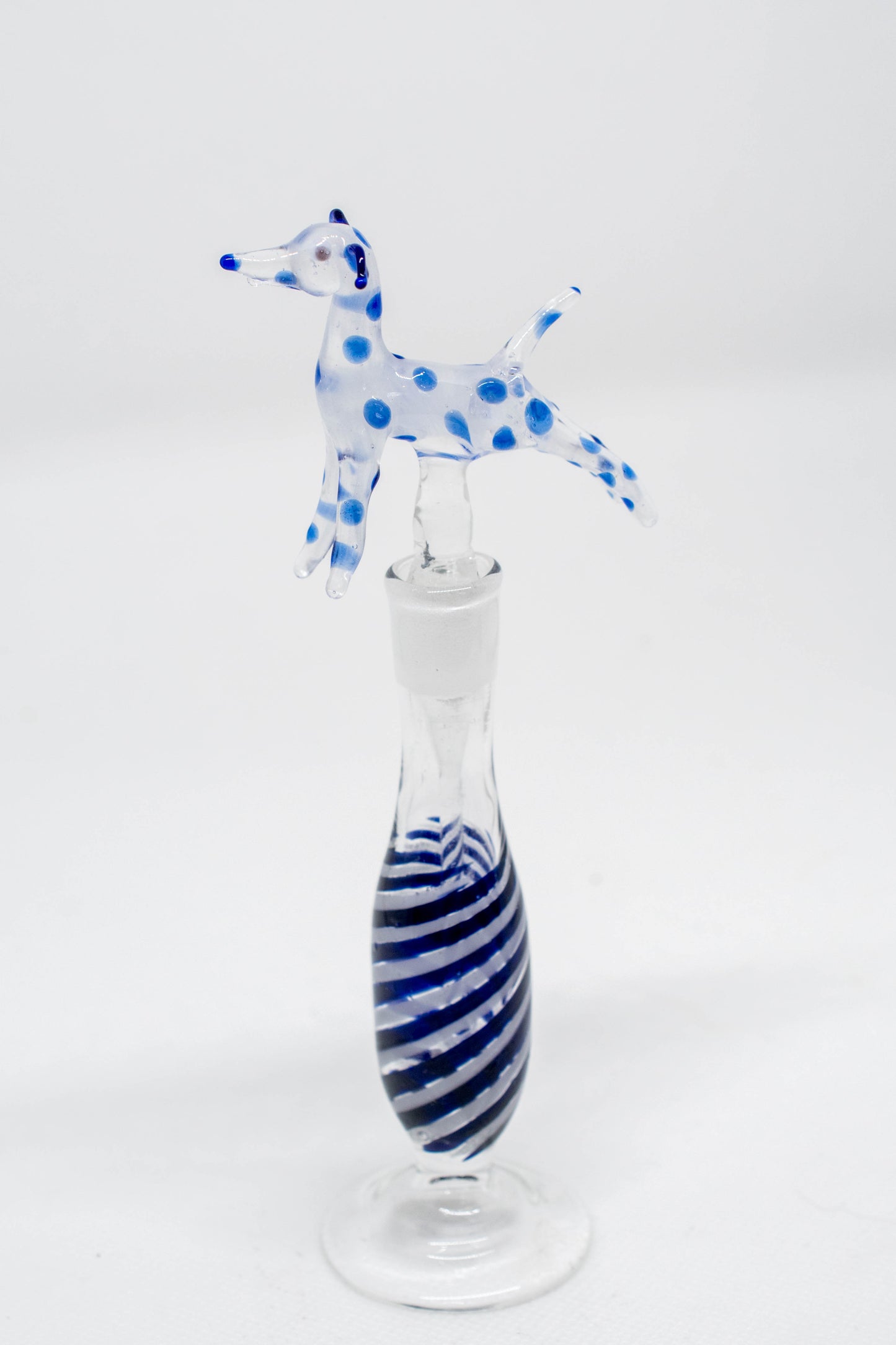 Hand Blown Glass Perfume Bottle: White Dog with Blue Spots