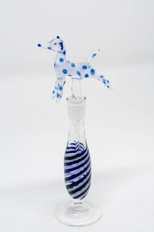 Hand Blown Glass Perfume Bottle: White Dog with Blue Spots