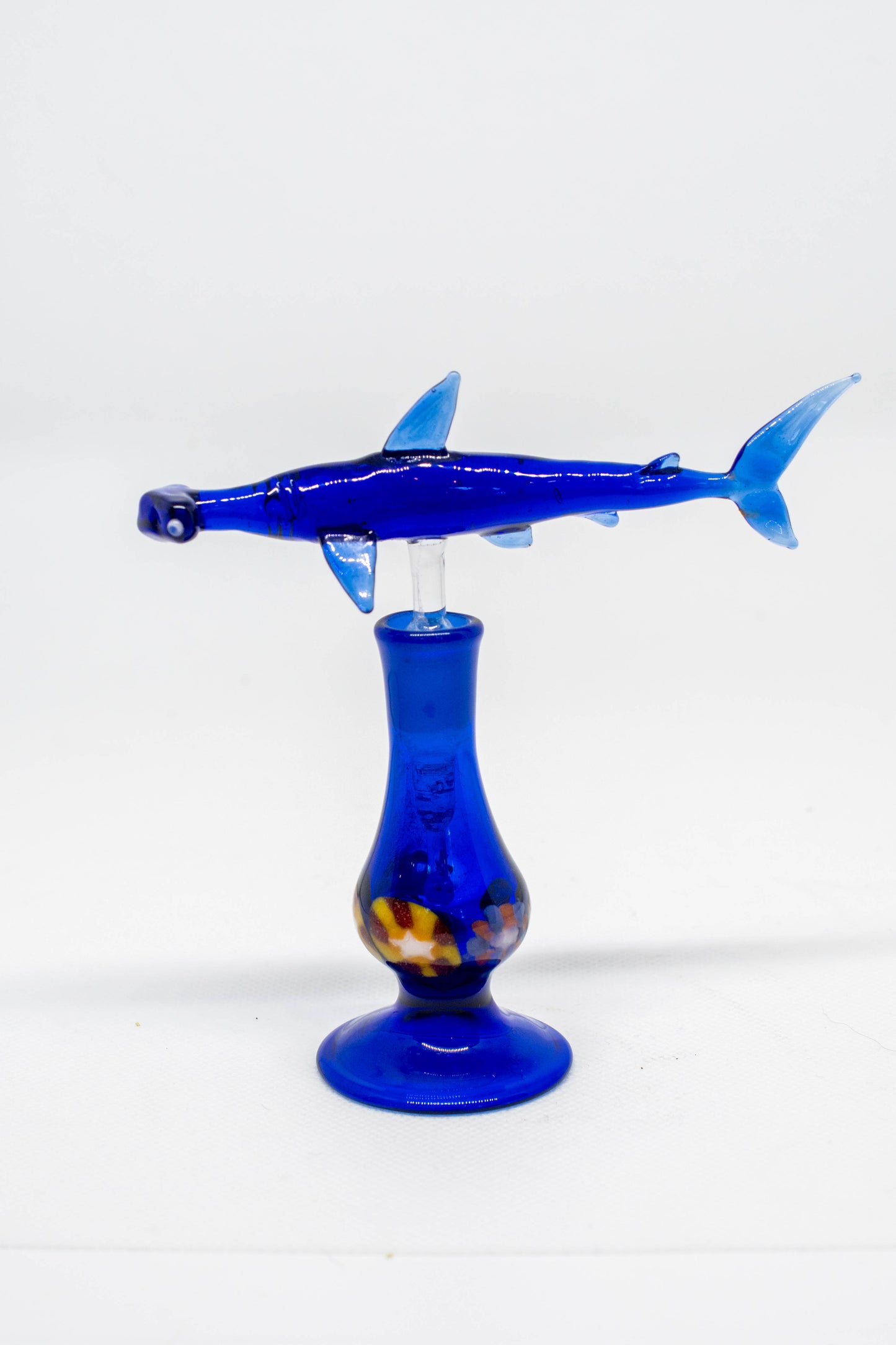 Hand Blown Glass Perfume Bottle: Hammer Shark with Flowers on Base