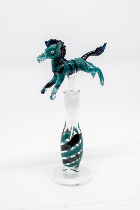 Hand Blown Glass Perfume Bottle: Green Horse with Black Stripes