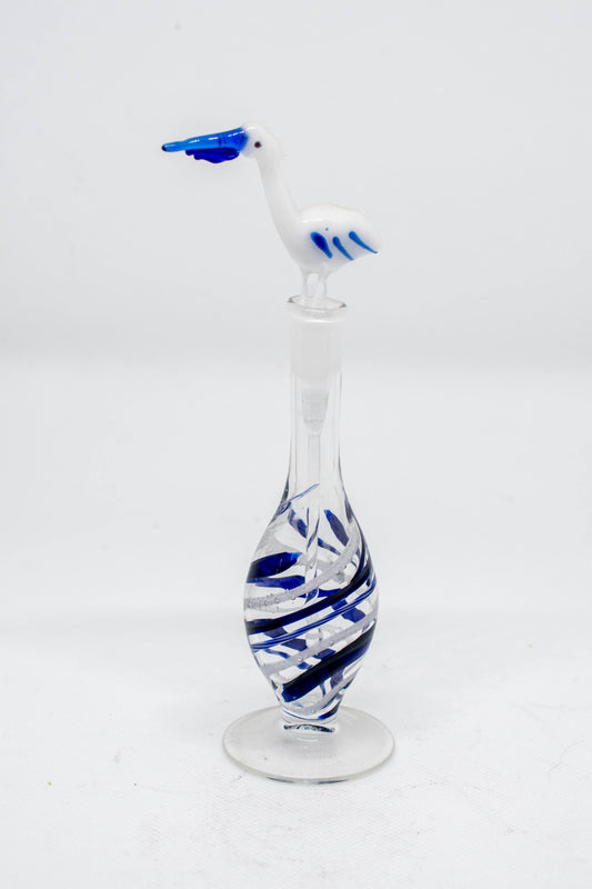 Hand Blown Glass Perfume Bottle: Blue Crane with White & Blue Swirl Base