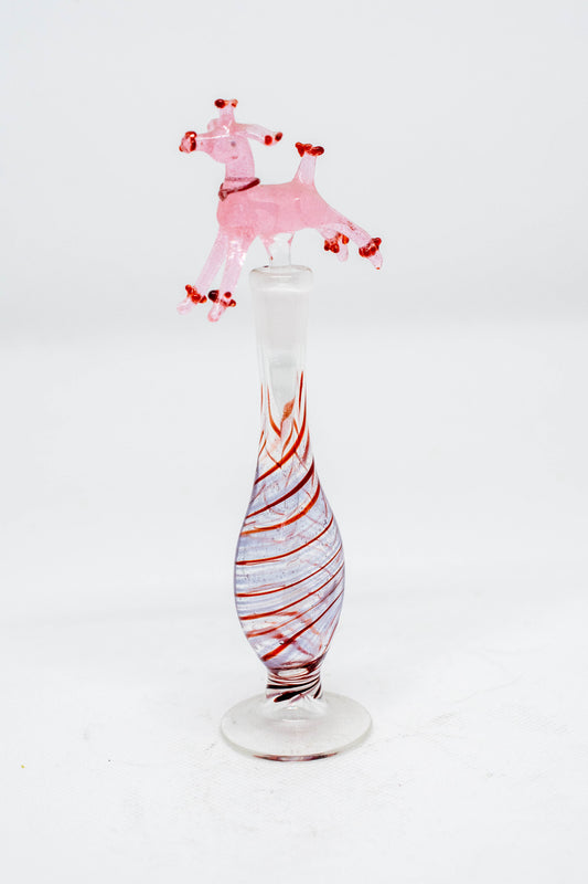 Hand Blown Glass Perfume Bottle: Pink Poodle with Thin-Line Red Swirl Base