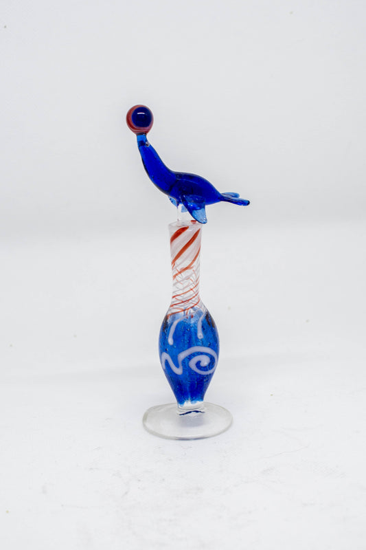 Hand Blown Glass Perfume Bottle: Circus Seal with Red and Blue base