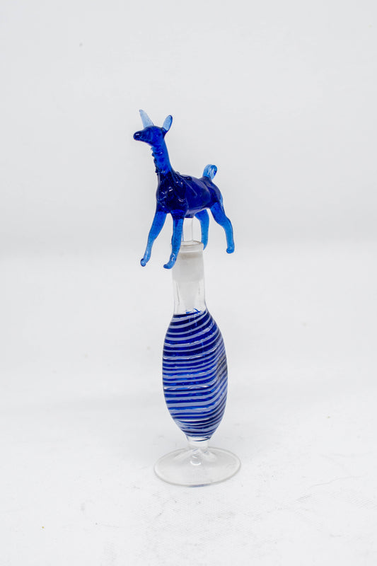 Hand Blown Glass Perfume Bottle: Blue Llama with Square-Shaped Swirl Base