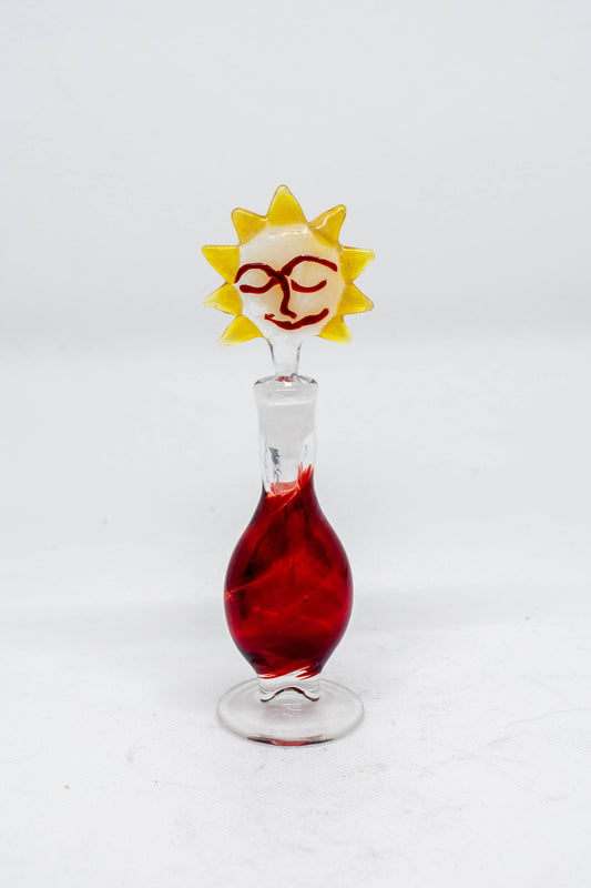 Hand Blown Glass Perfume Bottle: Smiling Sun with Red Base