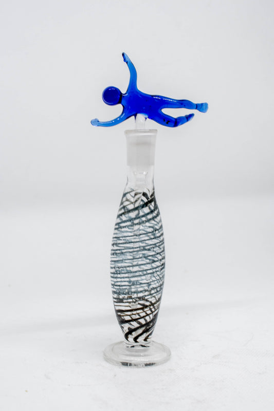 Hand Blown Glass Perfume Bottle: Scuba Diver with Blue Swirl Base