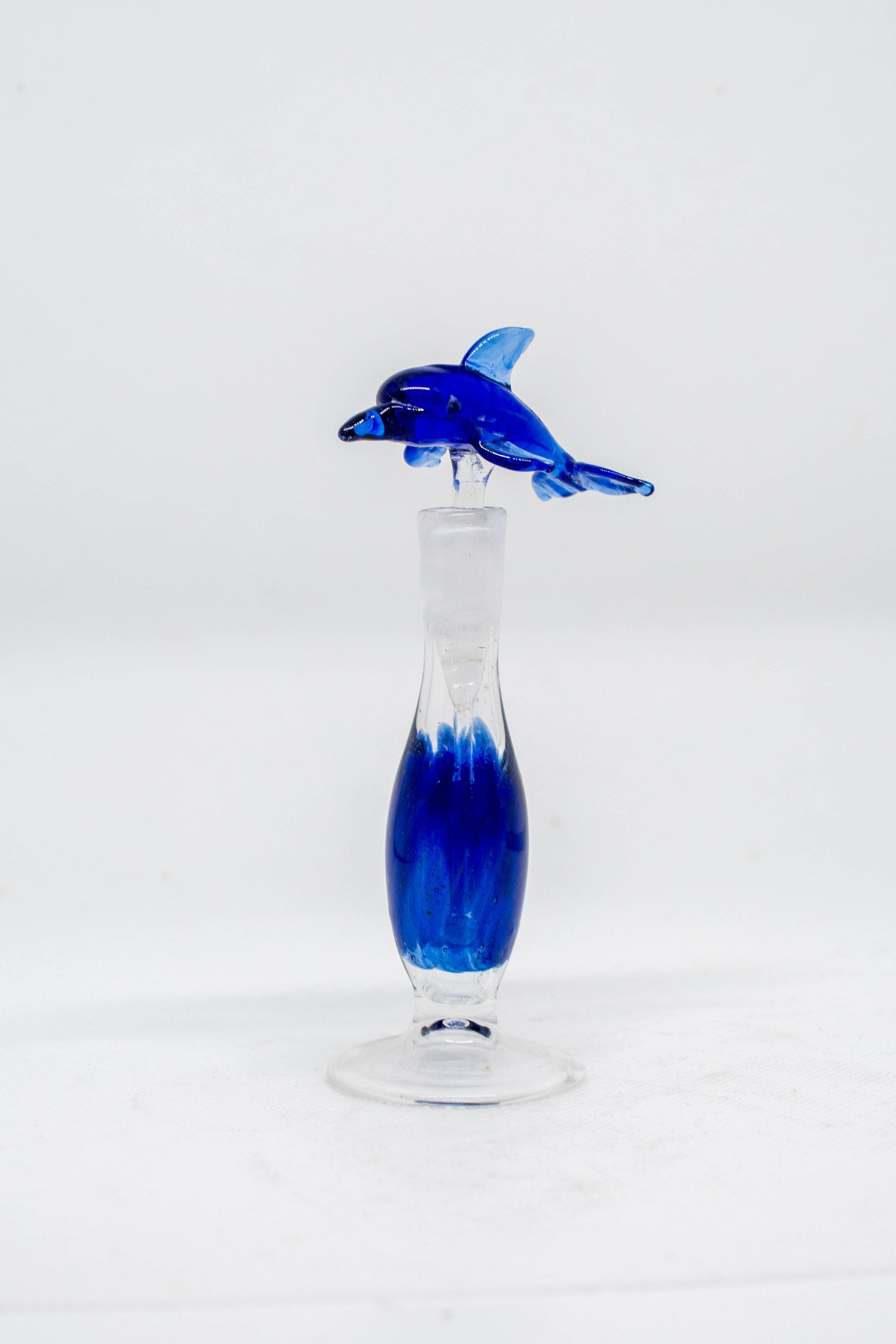 Hand Blown Glass Perfume Bottle: Blue Dolphin with Blue/White Base