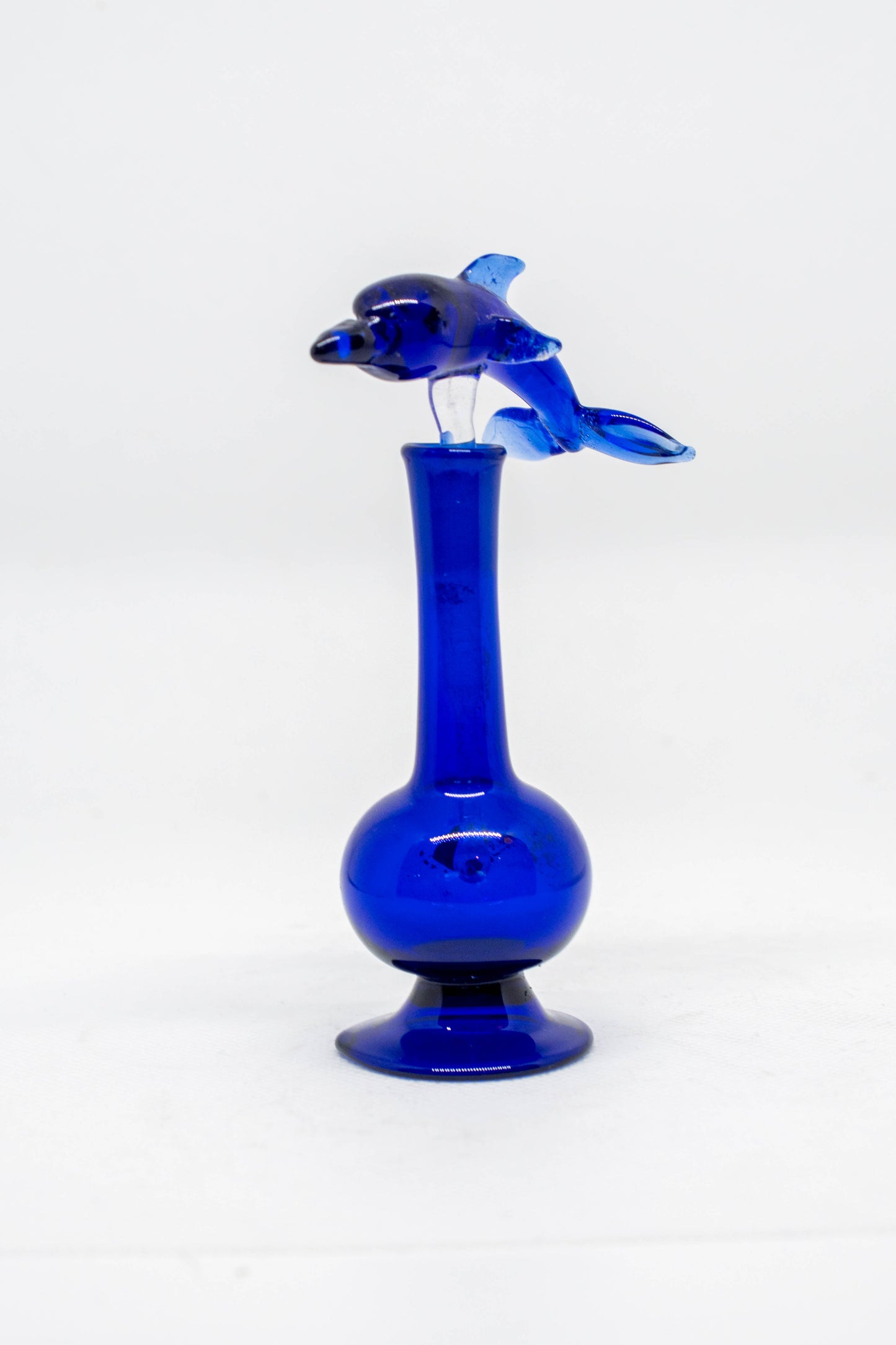 Hand Blown Glass Perfume Bottle: All Blue Dolphin with Sphere Base