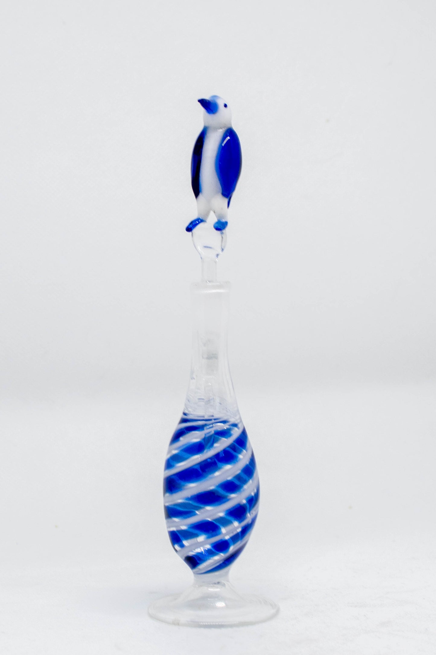 Hand Blown Glass Perfume Bottle: Professional Blue and White Penguin