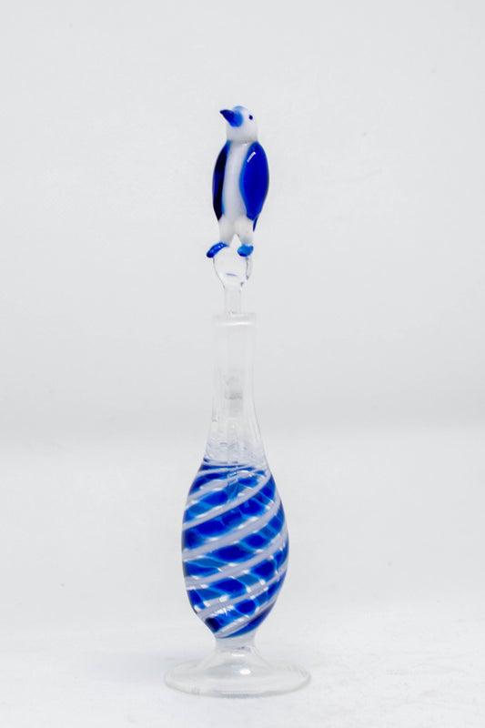 Hand Blown Glass Perfume Bottle: Professional Blue and White Penguin