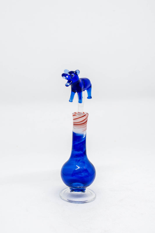 Hand Blown Glass Perfume Bottle: Baby Hippo with Blue/Red and White Swirl Base