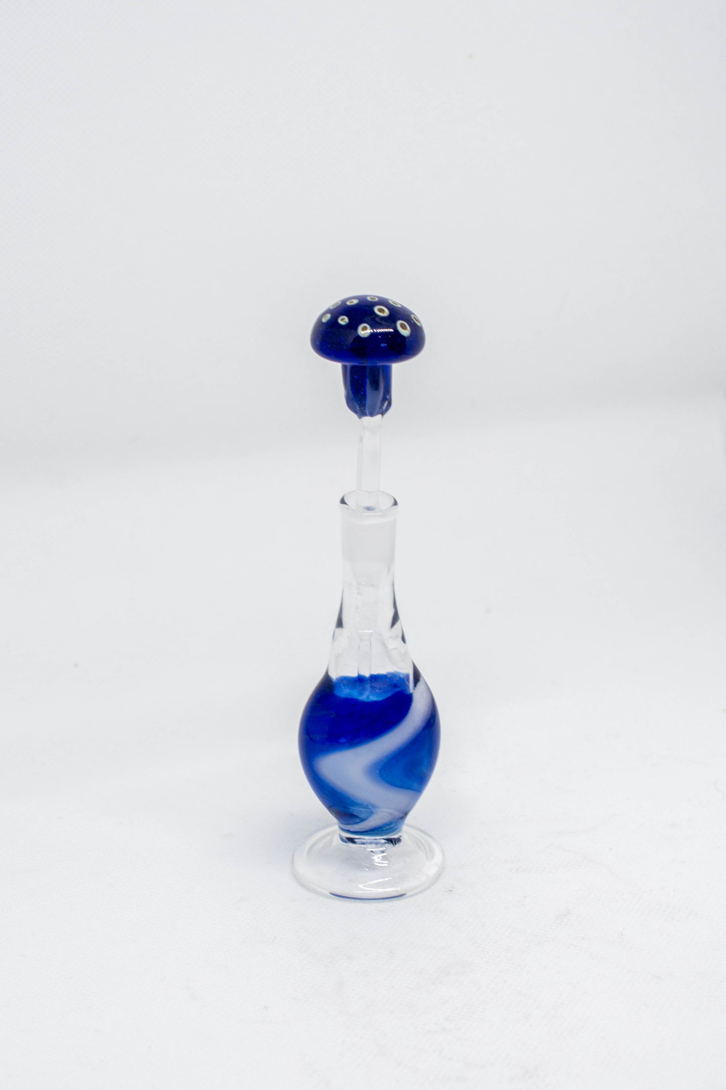 Hand Blown Glass Perfume Bottle: Blue Mushroom with White Swizzle Base