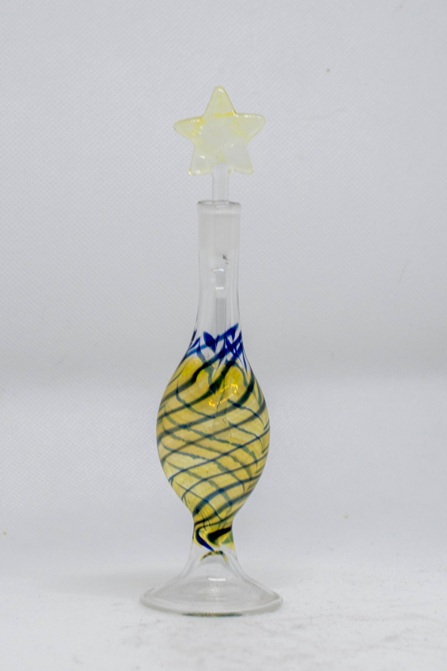 Hand Blown Glass Perfume Bottle: Yellow Star with Blue Swirl Base