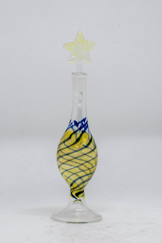 Hand Blown Glass Perfume Bottle: Yellow Star with Blue Swirl Base