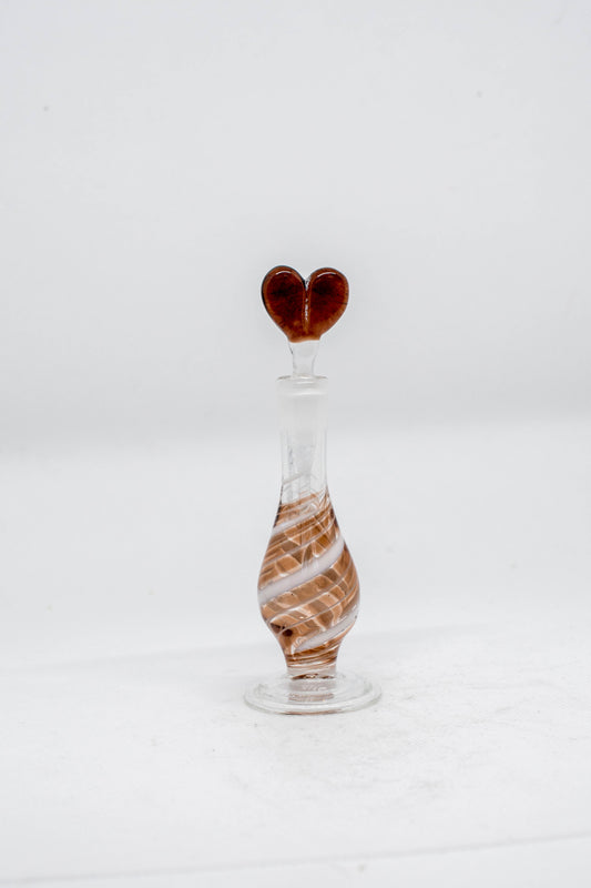 Hand Blown Glass Perfume Bottle: Brown Heart with Brown/White Swirl